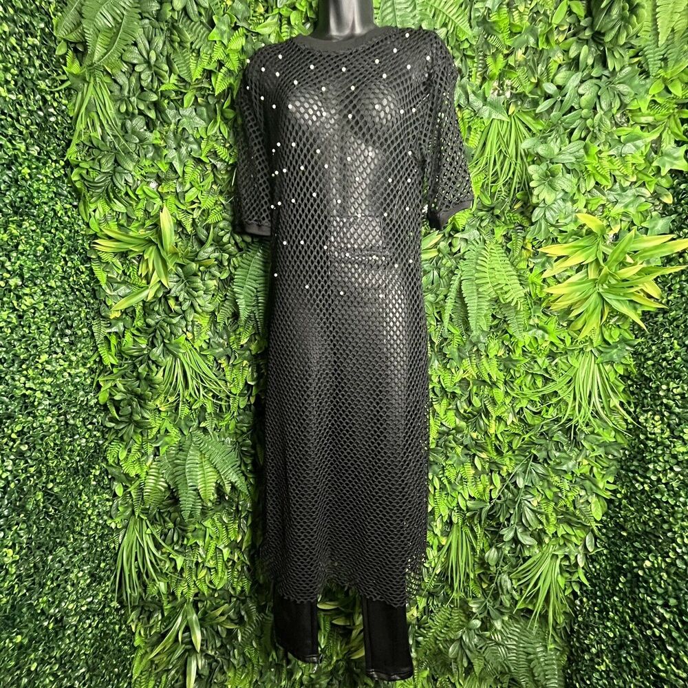 Women Tops Small Black Cover Up Pearl Accent Mesh Vacation DANIEL 0143